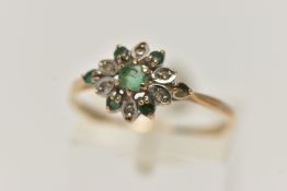 A 9CT GOLD GEM SET CLUSTER RING, circular cut emeralds a and single cut diamonds designed as a