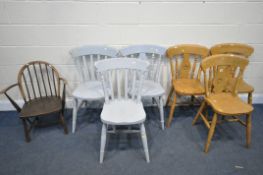 THREE BEECH KITCHEN CHAIRS, three painted kitchen chairs, and an Ercol elm chair (condition