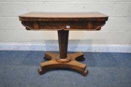 AN EARLY VICTORIAN FLAME MAHOGANY FOLD OVER GAMES TABLE, the top spins to reveal a square storage