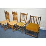 AN EARLY 20TH CENTURY BEECH BOX FRAME ARMCHAIR, two pine rush seated chairs and an Edwardian