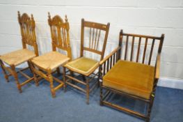 AN EARLY 20TH CENTURY BEECH BOX FRAME ARMCHAIR, two pine rush seated chairs and an Edwardian