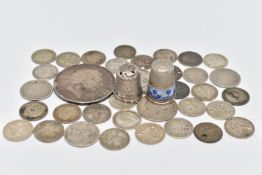 TWO THIMBLES AND COINS, a white metal Delft thimble worn and damaged, a damaged white metal