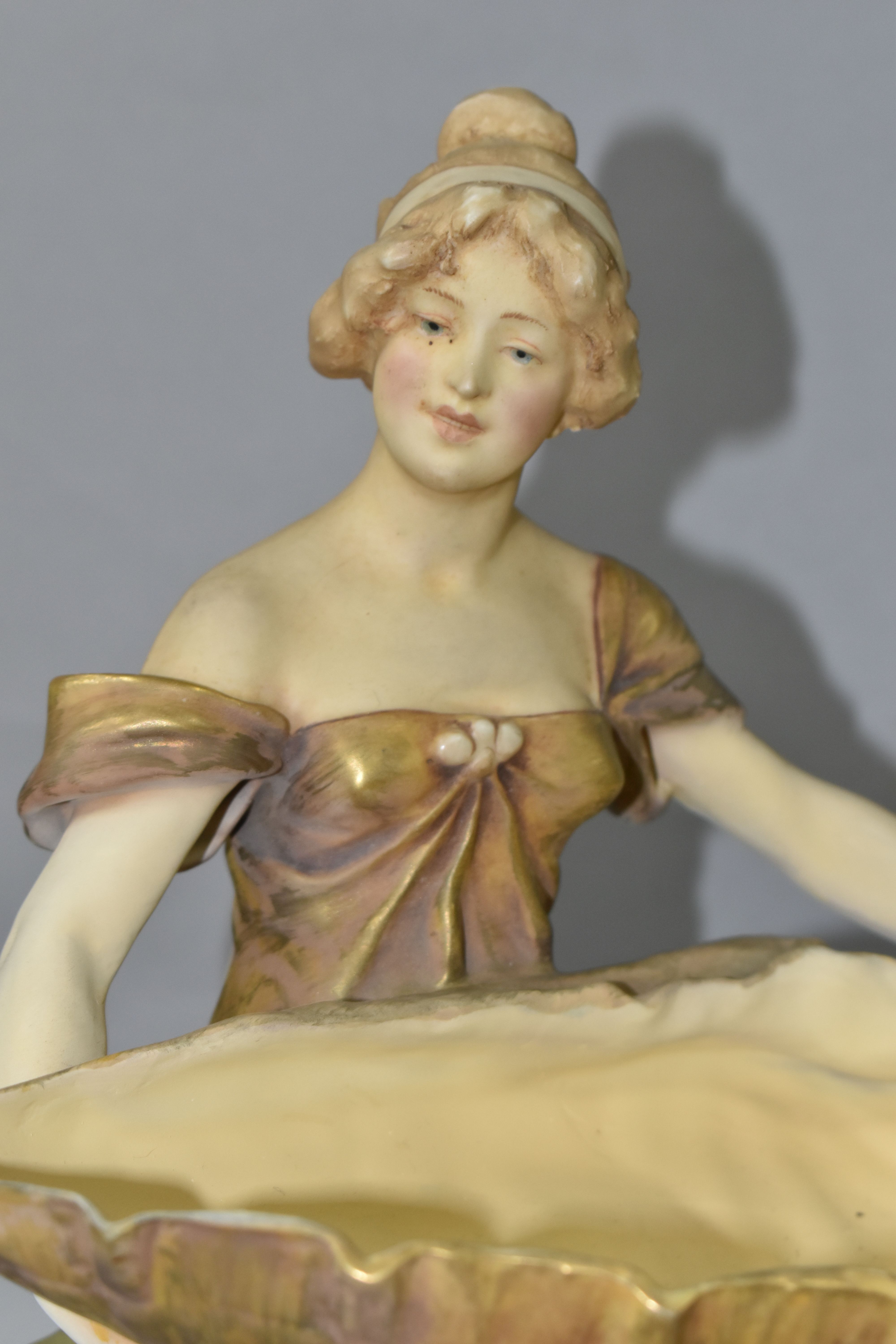 A ROYAL DUX FIGURAL COMPORT, modelled as a female figure holding a large shell, pink triangle mark - Image 2 of 7