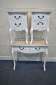 A PARTIALLY WHITE PAINTED SIDE TABLE, with two drawers, width 90cm x depth 40cm x height 80cm, and a