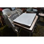 THREE FOLDING FORMICA TOP TABLES, largest length 91cm x depth 69cm x height 70cm, two pairs of