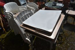 THREE FOLDING FORMICA TOP TABLES, largest length 91cm x depth 69cm x height 70cm, two pairs of
