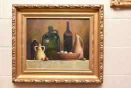 A LATE 20TH CENTURY RUSSIAN STILL LIFE STUDY 'TWILIGHT TABLE', depicting glass bottles and ceramic