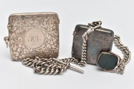 TWO SILVER VESTA CASE AND AN ALBERT CHAIN, the first vesta of a square form, scrolling foliate