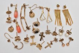 A BAG OF YELLOW METAL EARRINGS, to include thirteen pairs in total, studs and drop earrings, some