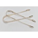 TWO PAIRS OF SILVER SUGAR TONGS, the first pair a plain polished pair of sugar tongs, hallmarked '