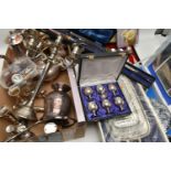 A BOX OF ASSORTED WHITE METAL WARE, to include a cased tray a canteen of 'Viners' cutlery, a tea and