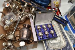 A BOX OF ASSORTED WHITE METAL WARE, to include a cased tray a canteen of 'Viners' cutlery, a tea and