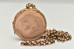 A YELLOW METAL LOCKET AND BELCHER CHAIN, a circular form locket with birds and floral detail,