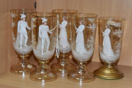 FIVE MARY GREGORY GLASSES, of pedestal form, two painted with a male figure, three with a female