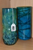 TWO MID-CENTURY BLUE AND GREEN STUDIO GLASS VASES, one inscribed Mdina on the base, height 20cm (