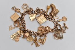 A 9CT GOLD CHARM BRACELET, curb link bracelet, links stamped 9.375, fitted with twenty six charms in