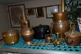 A COLLECTION OF METAL WARES, comprising copper and other metal cooking pots, coffee pots, teapot,