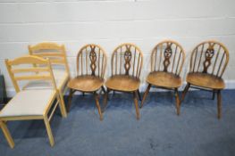 A SET OF FOUR ERCOL PRINCE OF WALES BACK CHAIRS, and two other modern beech chairs (condition