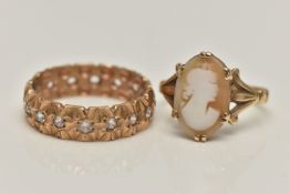 TWO GEM SET RINGS, the first a 9ct gold cameo ring, of an oval form depicting a lady in profile,