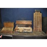 TWO VINTAGE WOODEN CARPENTERS TOOLBOXES AND A CRAWLER BOARD including two hand braces, various