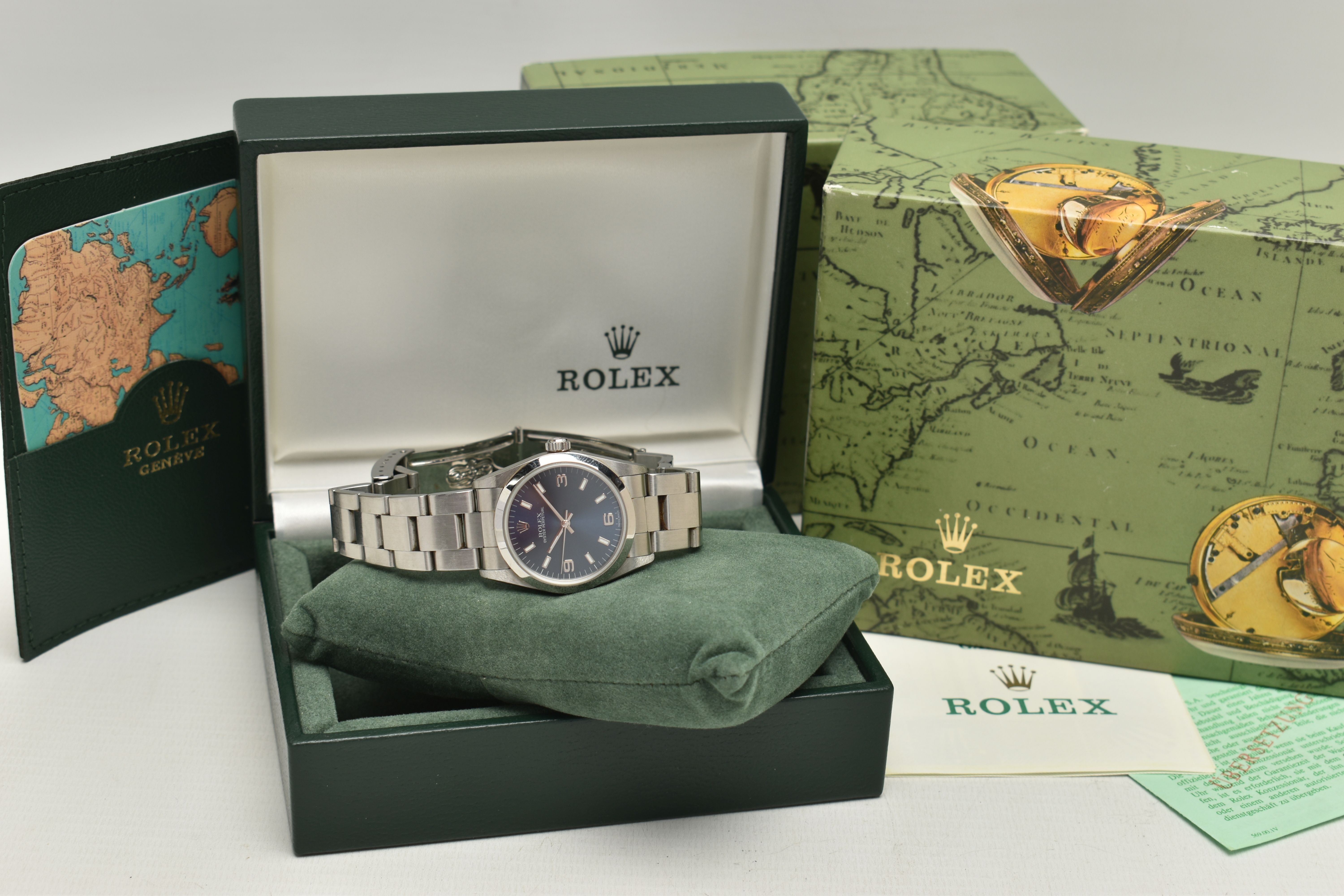 A BOXED STAINLESS STEEL ROLEX OYSTER PERPETUAL AUTOMATIC WRISTWATCH, blue dial with baton - Image 7 of 7