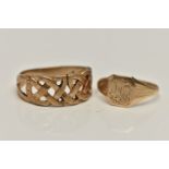 TWO 9CT GOLD RINGS, to include a square signet with engraved initials, textured shoulders leading