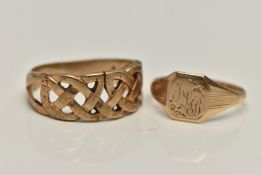 TWO 9CT GOLD RINGS, to include a square signet with engraved initials, textured shoulders leading