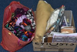 A BOX AND A BAG OF NEEDLECRAFT ITEMS, to include twenty balls of novelty yarns, over fifty vintage