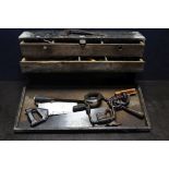 A VINTAGE WOODEN ENGINEERS TOOLBOX containing various tools to include saws, chisels, files etc..