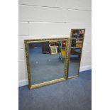 A LARGE GILT FRAMED BEVELLED EDGE WALL MIRROR, 83cm x 103cm, a rectangular wall mirror, and two