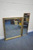 A LARGE GILT FRAMED BEVELLED EDGE WALL MIRROR, 83cm x 103cm, a rectangular wall mirror, and two