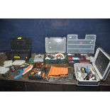 FOUR PLASTIC TOOLBOXES AND TRAYS CONTAINING HAND TOOLS including spanners, screwdrivers, saws, drill