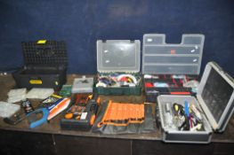 FOUR PLASTIC TOOLBOXES AND TRAYS CONTAINING HAND TOOLS including spanners, screwdrivers, saws, drill