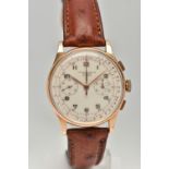A YELLOW METAL MID 20TH CENTURY TWIN DIAL CHRONOGRAPHE SUISSE MANUAL WIND WRISTWATCH, cream dial
