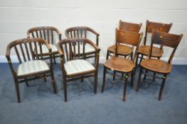 A SET OF FOUR BENTWOOD STYLE BEECH CHAIRS, along with a set of four beech bow top armchairs (