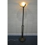 AN ART DECO METAL STANDARD LAMP, with a Lalique style frosted glass shade, on a circular base, and