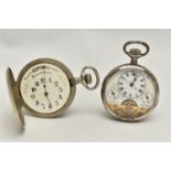 TWO POCKET WATCHES, the first a manual wind, open face watch, skeleton white dial, Roman numeral