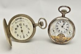 TWO POCKET WATCHES, the first a manual wind, open face watch, skeleton white dial, Roman numeral