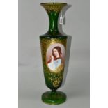 A BOHEMIAN GLASS VASE, with gilding and porcelain portrait plaque applied to a green glass body, the