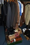 THREE BOXES AND FOURTEEN ITEMS OF VINTAGE CLOTHING, to include a ladies brown fur coat, eight
