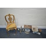 A 19TH CENTURY FRENCH GILTWOOD CHAIR, along with an Avery balance scale, salter scale and a triple