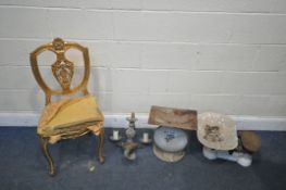 A 19TH CENTURY FRENCH GILTWOOD CHAIR, along with an Avery balance scale, salter scale and a triple