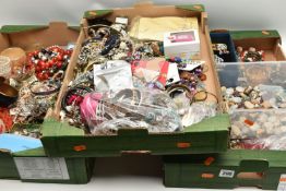 THREE BOXES OF ASSORTED COSTUME JEWELLERY AND ITEMS, to include a large quantity of beaded