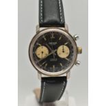 A CHROME PLATED HAND WOUND ORIOSA TWIN DIAL CHRONOGRAPH WRISTWATCH, black dial with discoloured