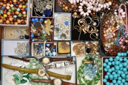 A BOX OF ASSORTED COSTUME JEWELLERY, to include beaded necklaces, rings, earrings, chains, brooches,