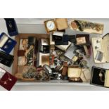 A BOX OF ASSORTED JEWELLERY AND WATCHES, to include a yellow metal stick pin, stamped 9ct,