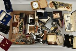 A BOX OF ASSORTED JEWELLERY AND WATCHES, to include a yellow metal stick pin, stamped 9ct,