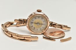 AN EARLY 20TH CENTURY LADYS 9CT GOLD WRISTWATCH, AF manual wind watch, round bi-colour dial,