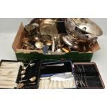 A BOX OF ASSORTED WHITE METAL WARE, to include a silver plate punch bowl with ladle, goblets,