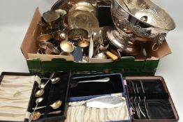 A BOX OF ASSORTED WHITE METAL WARE, to include a silver plate punch bowl with ladle, goblets,